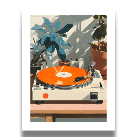 Retro vinyl player blue plants wall decor