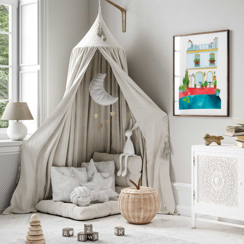 Romantic European café watercolor art with tranquil courtyard

