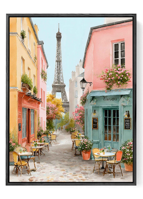 Romantic French bistro watercolor illustration with sidewalk tables and Eiffel Tower view