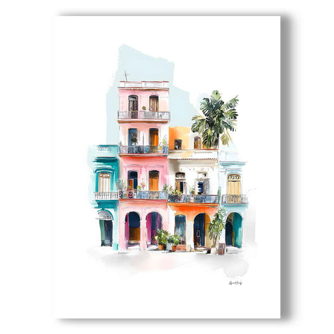 Romantic Havana street architecture print with arched doorways and pastel building facades