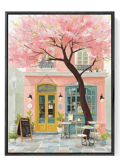 Romantic Paris street artwork with café