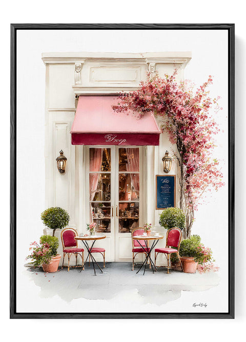 Romantic Parisian coffee shop illustration featuring outdoor tables