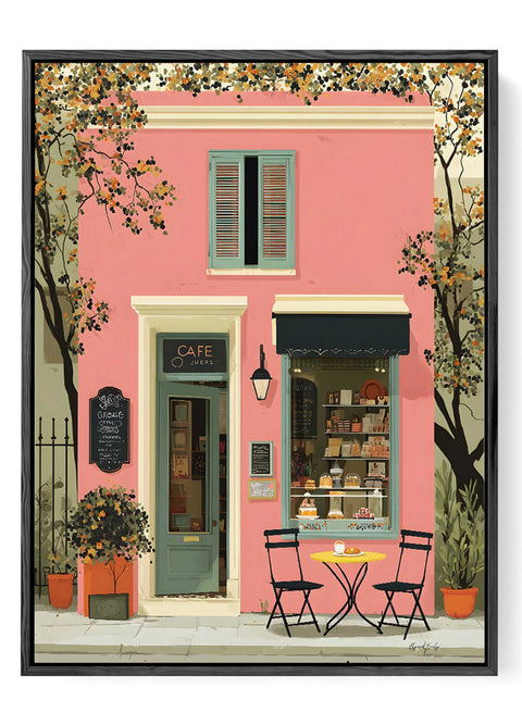 Romantic Parisian street bistro illustration featuring black outdoor tables