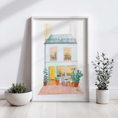 Rooftop Paris scene featuring window boxes and outdoor seating

