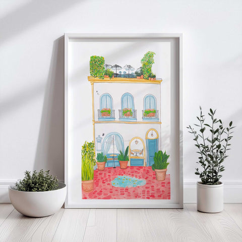 Rooftop café terrace art print with parasols and potted plants

