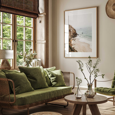 Rugged cliff sandy shore ocean decor