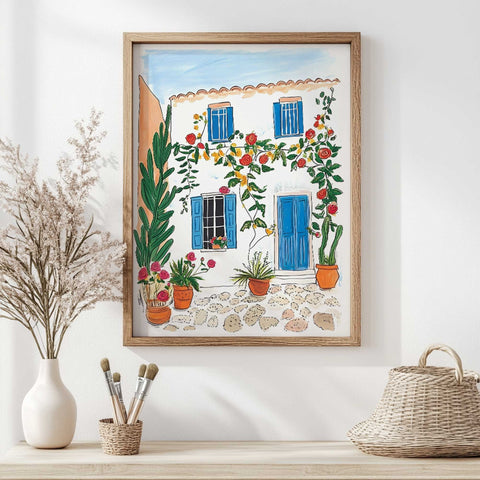 Rustic Mediterranean home illustration with flower-covered walls

