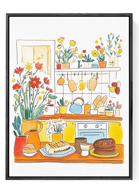 Rustic kitchen scene in watercolor with plants, bread, and teapot

