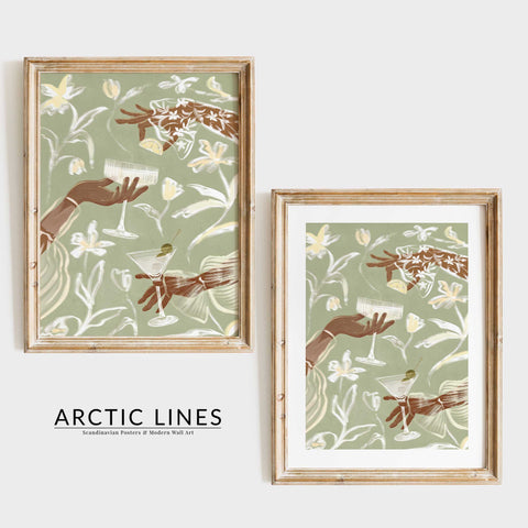 Sage green and neutral color palette in a contemporary beverage print.