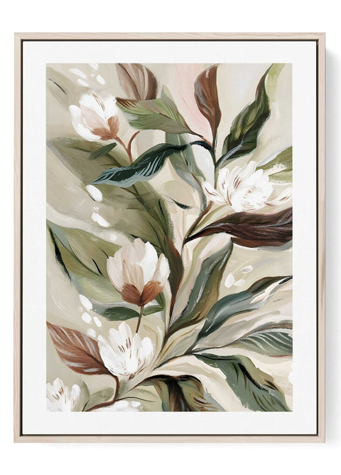 Sage green botanical art print with delicate cream flowers and green leaves.