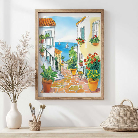 Sailing boat view from Mediterranean street in colorful watercolor

