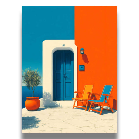 Santorini chairs plants door poster