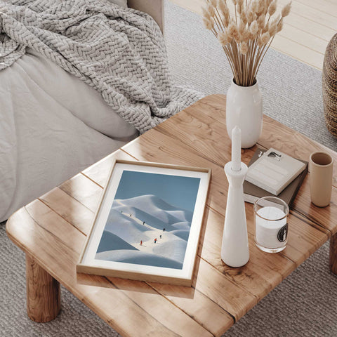 Minimalist Skiers in Snow Dunes Print – Modern Winter Landscape Wall Art - oakposter