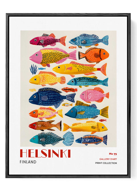 Scandinavian fish artwork in bright colors