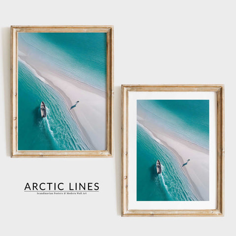 Scandinavian style bedroom poster with a bright turquoise sea.