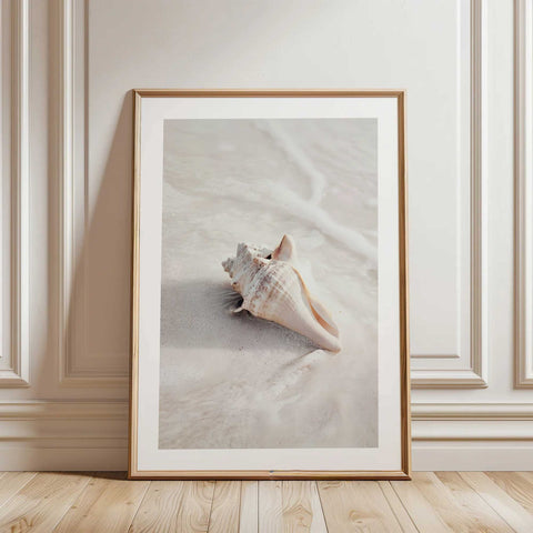 Scandinavian style bedroom poster with a minimalist shell drawing.