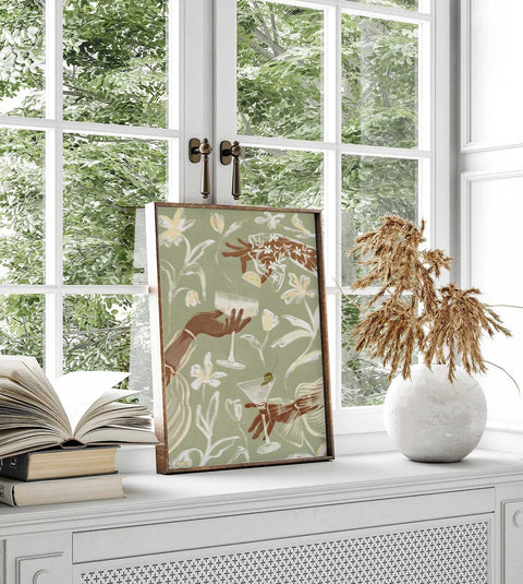 Scandinavian style dining room art featuring a botanical cocktail glass.