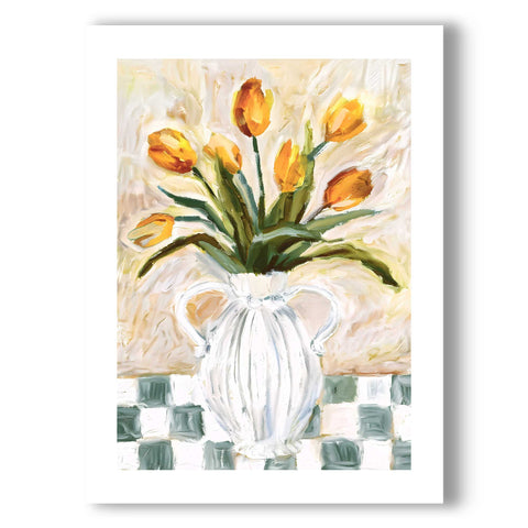 Scandinavian style dining room poster with a simple tulip bouquet drawing.