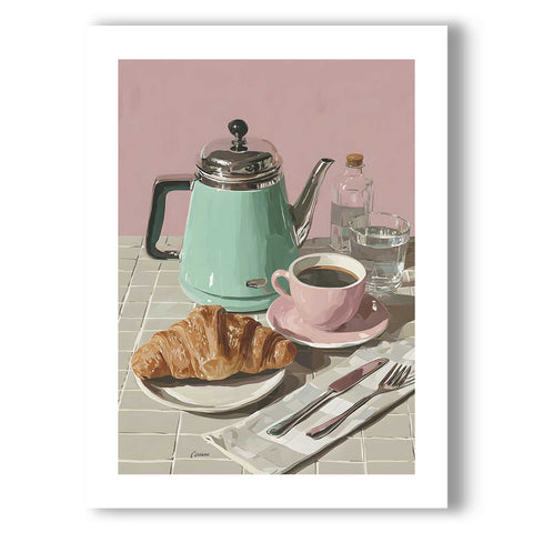Scandinavian style dining room poster with a teapot and croissant drawing.