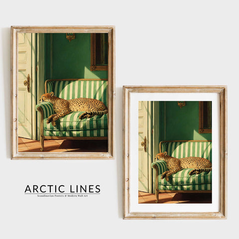 Scandinavian style eclectic poster with an exotic wild cat on velvet furniture.