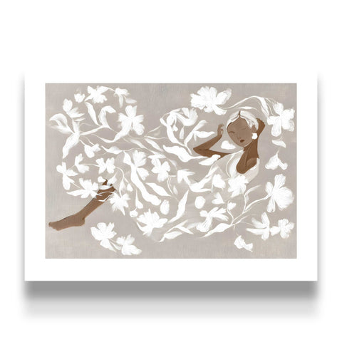 Scandinavian style floral poster with delicate brushstrokes and muted colors.