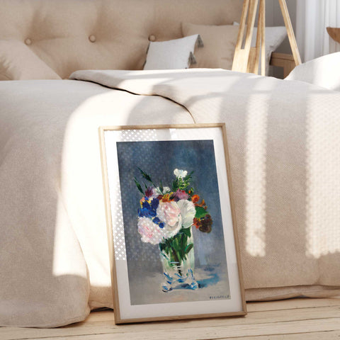 Scandinavian style interior with a classic French Impressionist flower print.