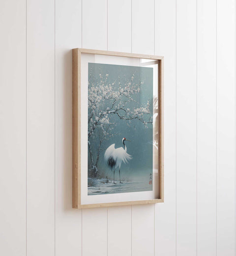 Scandinavian style living room poster with a graceful bird and blossoms.