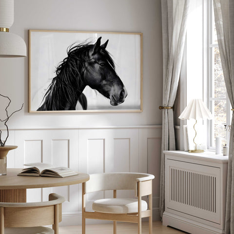 Scandinavian style minimalist horse illustration for living room decor.