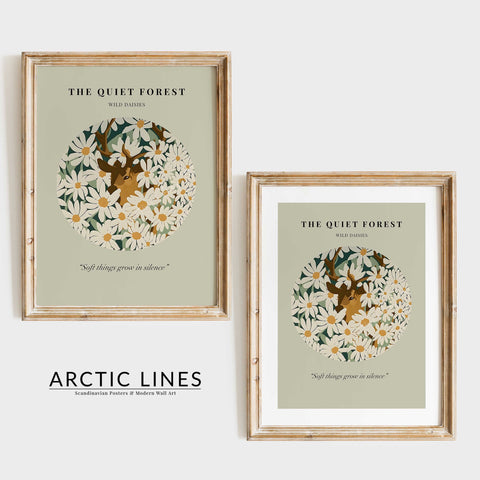 Scandinavian style nature illustration with deer and wild daisies.
