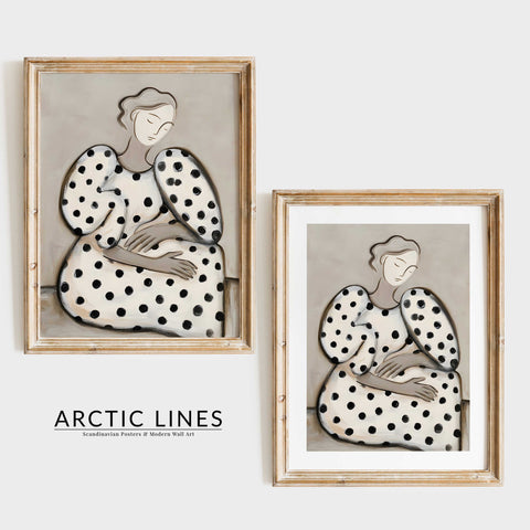 Scandinavian style portrait with bold black dots on a cream background.