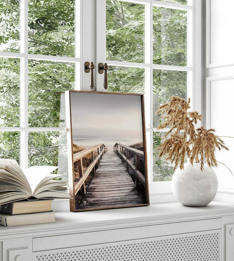 Scandinavian style summer poster with a peaceful seaside walkway drawing.