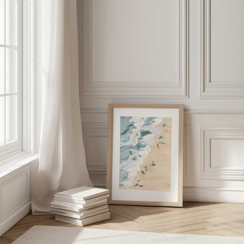 Scandinavian style summer poster with a playful ocean and sand theme.