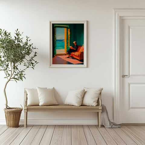 Scandinavian style summer poster with a woman relaxing by the sea.