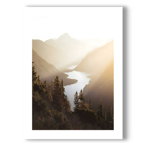 Scenic fjord-like mountain landscape art print in warm earth tones.