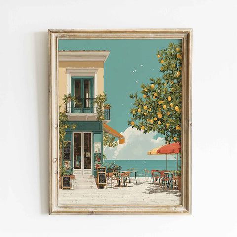 Scenic seaside terrace cafe artwork for dining room or coastal living room styling