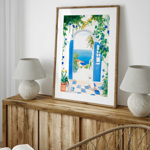 Seaside Mediterranean flowers and dog artwork

