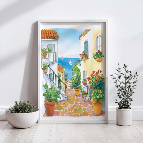 Seaside Mediterranean street scene with vibrant plants and boats

