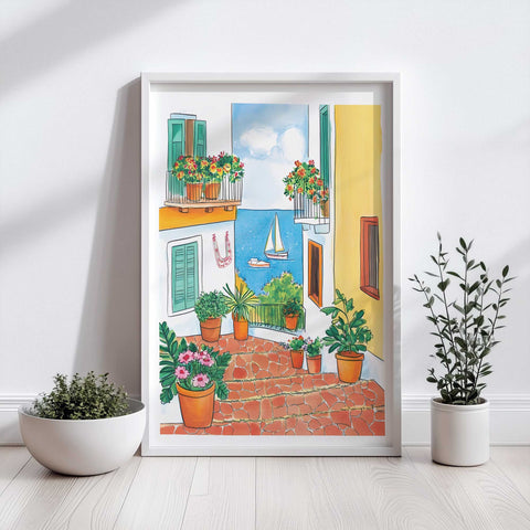 Seaside art print with terracotta tiles and vibrant plants

