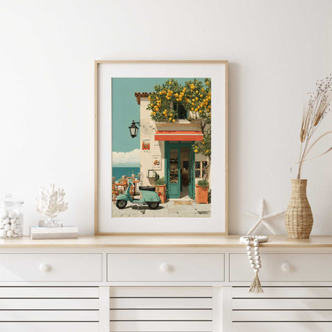 Seaside café watercolor artwork Southern Europe