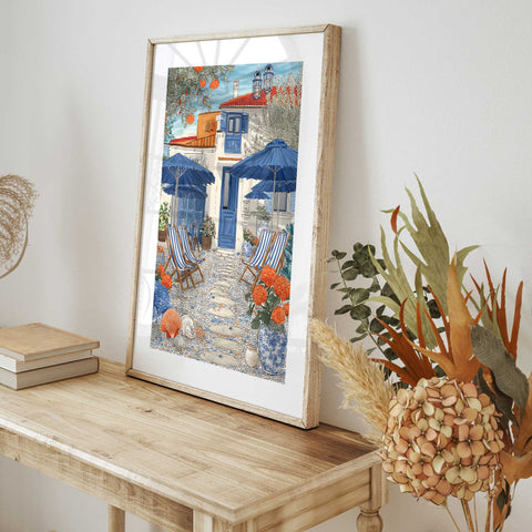 Seaside patio wall print with beach decor accents