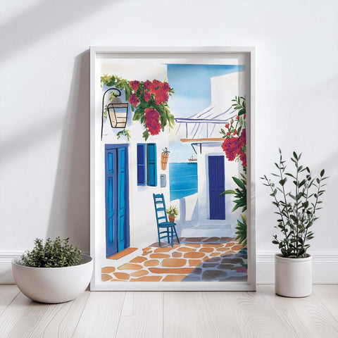 Seaside village art featuring cobbled path and Mediterranean flowers

