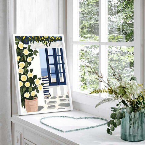 Seaside watercolor with bright flowers and open blue windows

