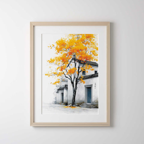 Serene autumn village watercolor-style print