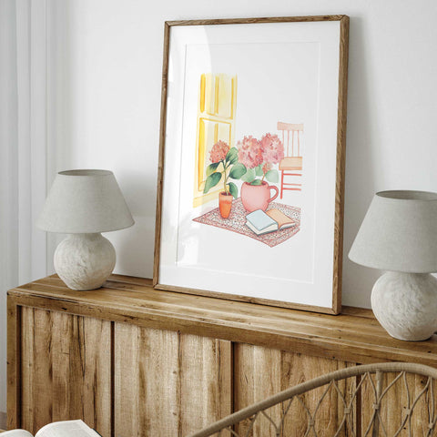 Serene pink floral arrangement with open book in watercolor style

