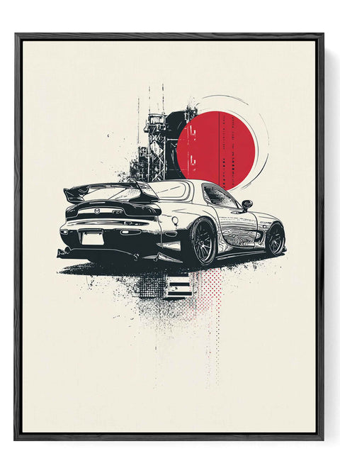 Sleek black Mazda RX7 FD wall art with orange sun design
