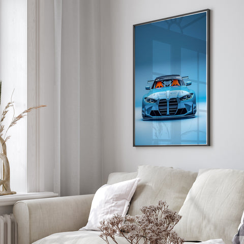 Sleek blue BMW M3 G80 illustration for minimalist interior design