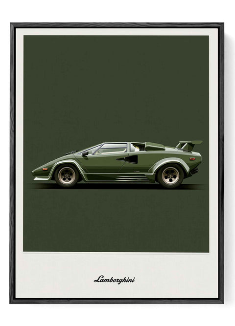 Sleek white Lamborghini Countach art print with high contrast black background