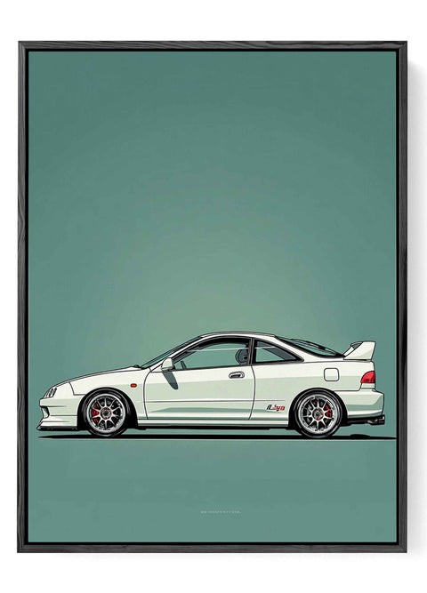 Sleek white sports car art print with high contrast black background
