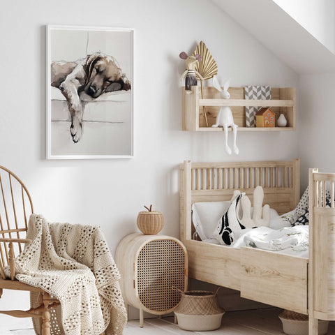 Sleeping golden retriever puppy art print for cozy bedroom wall decor