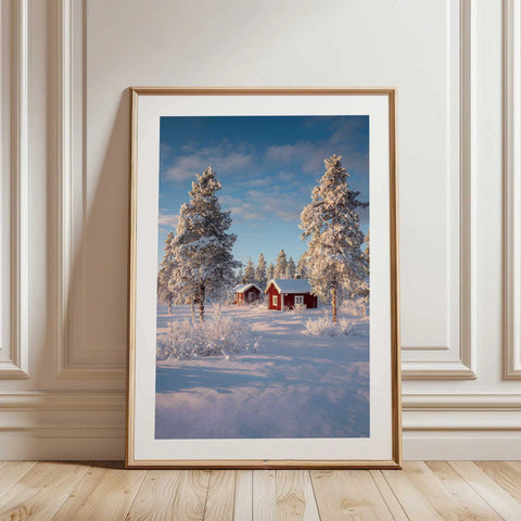 Snow covered trees and red wooden house fine art photography print